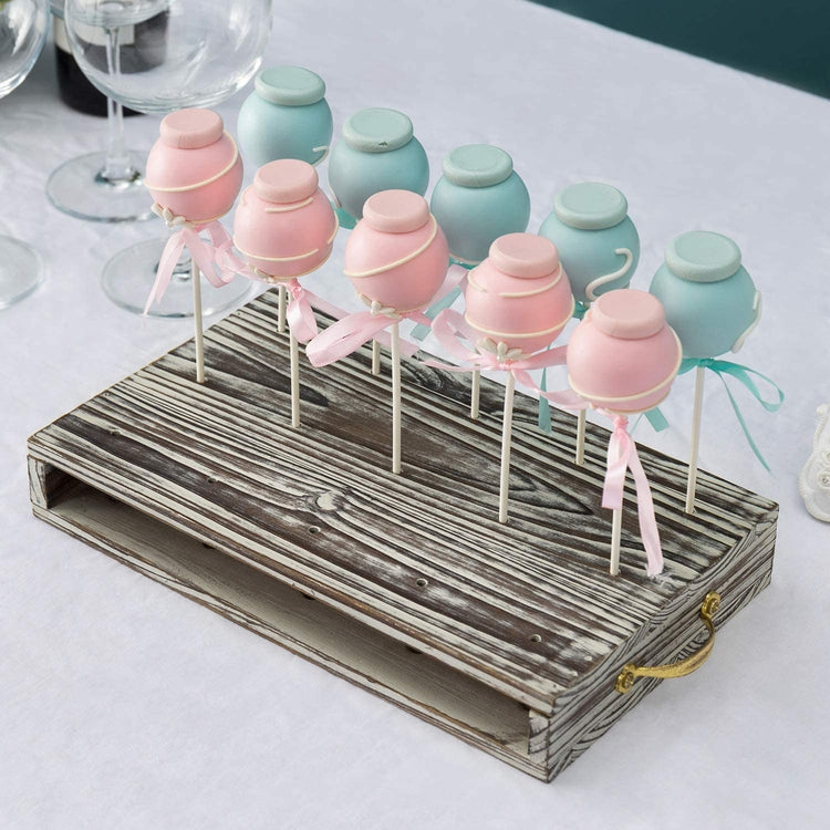 Torched Wood, 15 Hole Cake Pop and Lollipop Serving Tray with Brass Tone Metal Handles-MyGift