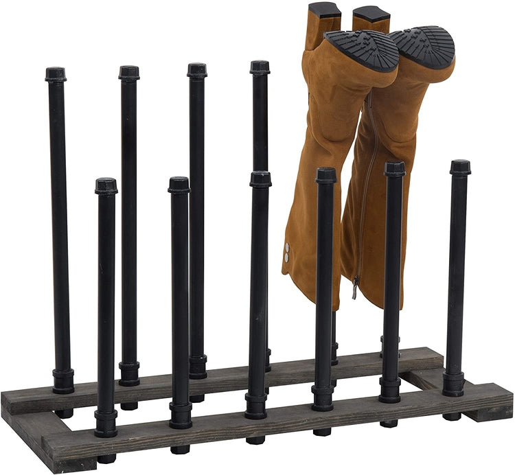 Black Metal Pipe & Grey Wood Freestanding Boot Holder, 6 Pair Shoe Storage Rack-MyGift