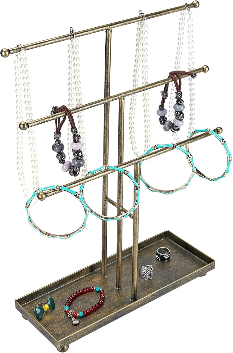 3 Tier Metal Rod Jewelry Display Stand in Antique Matte Brass Finish with Ring Tray-MyGift