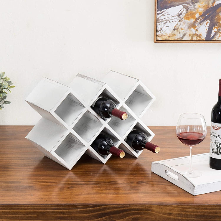 Vintage White Wood 8-Bottle Countertop Wine Rack, Tabletop Wine Bottle Holder-MyGift