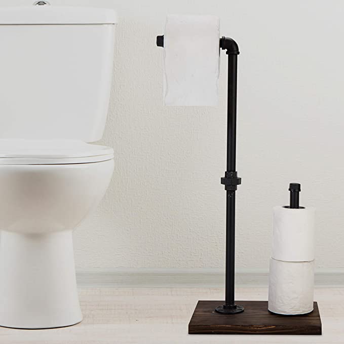 Free Standing Toilet Paper Holder with Wood Base, Black