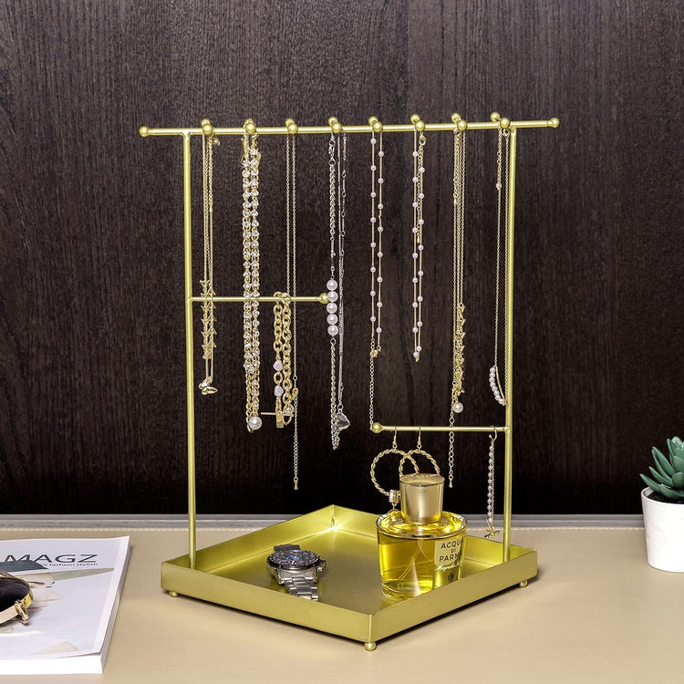 Brass Plated Metal Jewelry Tower, Tabletop Necklace and Bracelet Hanger Stand with Ring Dish Tray