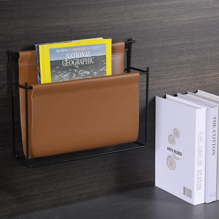 Wall Mounted Magazine Holder with Industrial Black Metal Frame and Caramel Brown Leatherette Sling, Hanging Storage Rack-MyGift