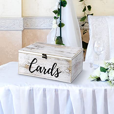 Shabby Whitewashed Wood Gift Card Box with Slotted Lid, Antique Hinge Latch & Cursive Cards Lettering
