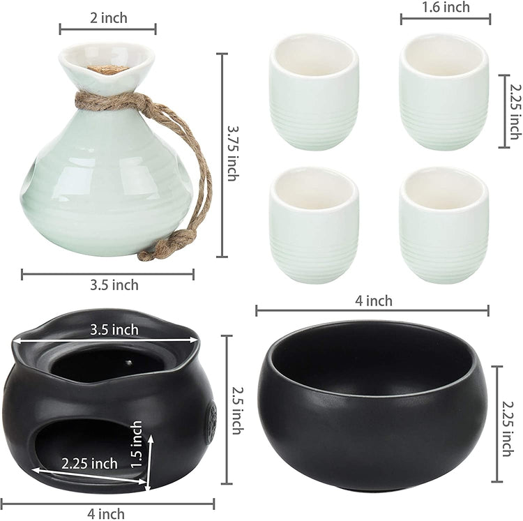 7-Piece Traditional Japanese Light Blue Ceramic Sake Set, Serving Carafe, 4 Cups, Warmer Bowl and Candle Heating Stove-MyGift