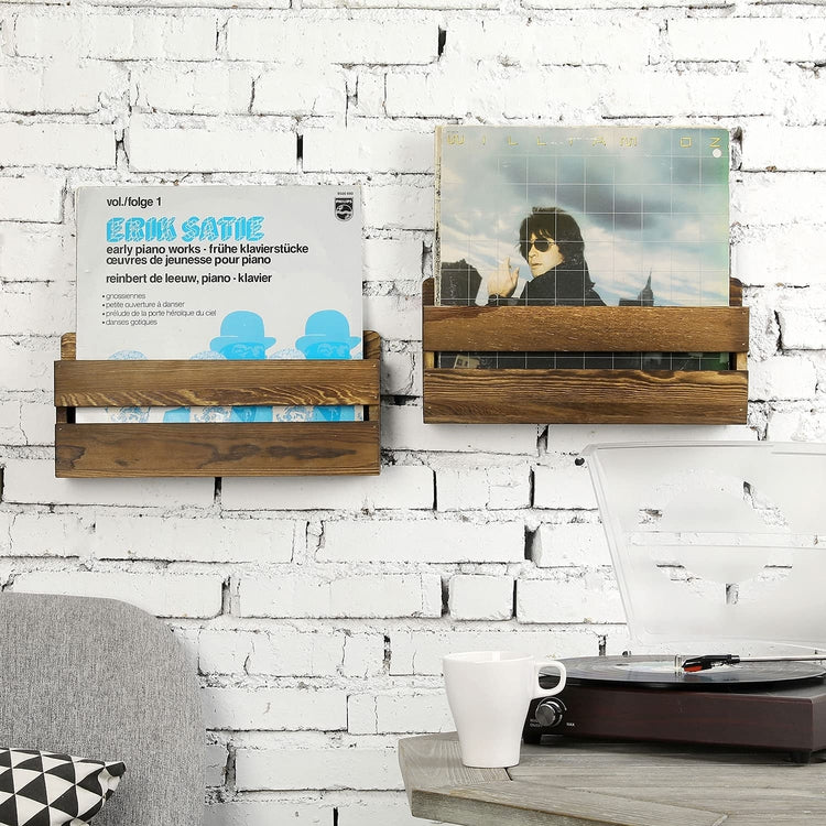Burnt Wood Wall Mounted Vinyl Album Display Shelf, LP Record Storage Rack, Set of 2