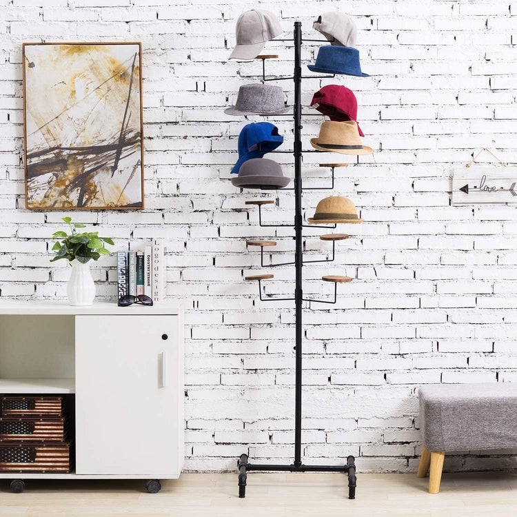 16-Hook Industrial Black Metal Pipe Customizable Hat and Wig Display Rack with Wood Holders