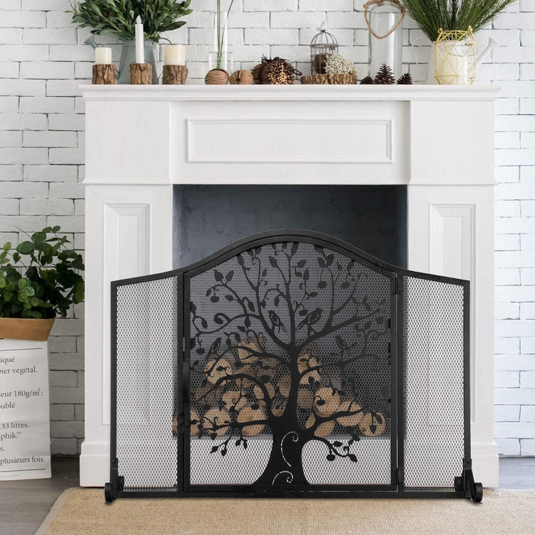 Black Wrought Iron Fireplace Screen Door with Silhouette Tree and Bird Design