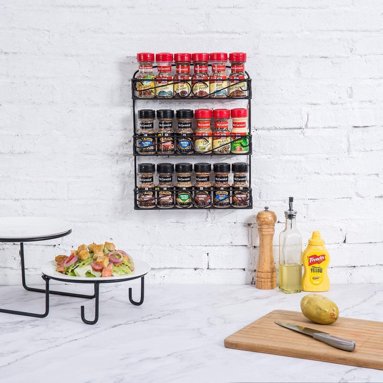 3 Tiered Wall Mounted Spice Rack with Black Metal Wire Scrollwork Design