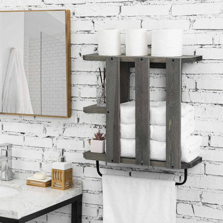 Gray Torched Wood Wall Mounted Bathroom Towel Storage Rack with Industrial Metal Pipe Hanging Bar-MyGift
