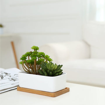 2 Pack White Rectangular Planters with Removable Bamboo Saucers, Ceramic Planter Perfect for Indoor or Outdoor-MyGift