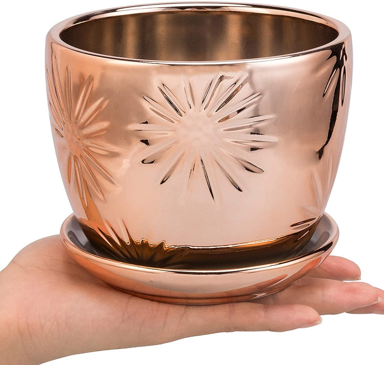 Set of 2, Rose Gold Ceramic Planter, Round Plant Pot with Starburst Design and Saucer-MyGift