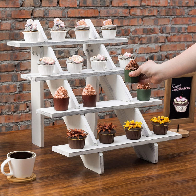 4-Tier Cascading White Wood Retail Display Riser Stand, Cupcake Dessert Stand-MyGift