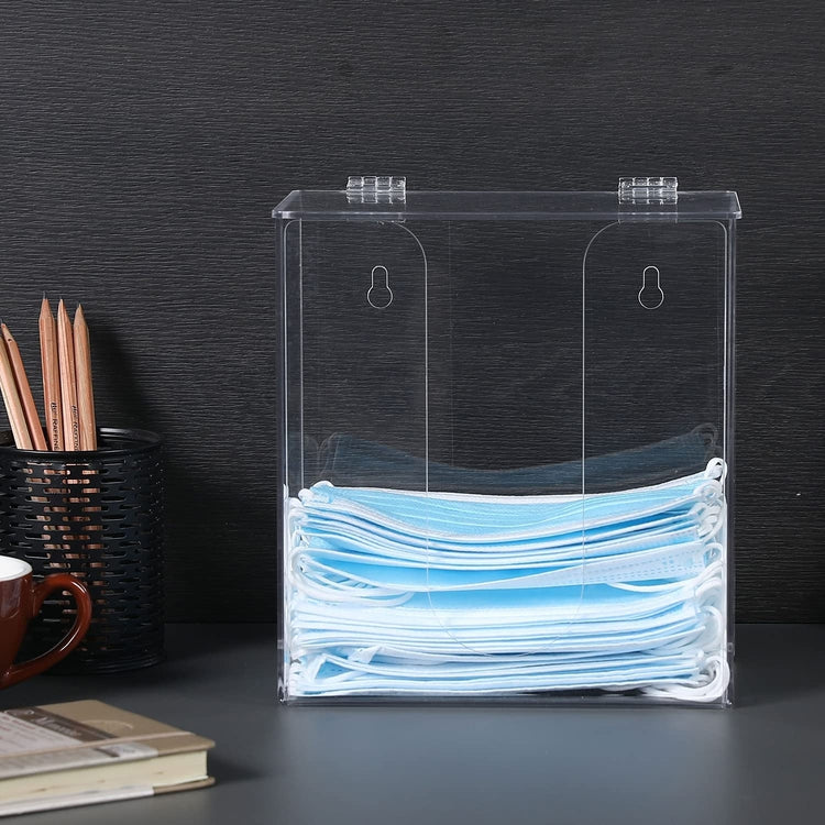 Clear Acrylic Wall Mounted Medical Safety Mask and Personal Face Covering Storage Dispenser Box with Lid Cover