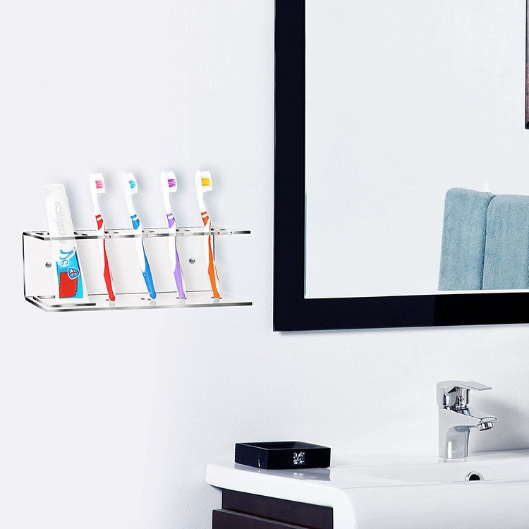 Wall-Mounted White Acrylic 4-Slot Toothbrush and Toothpaste Holder, Bathroom Storage Shelf