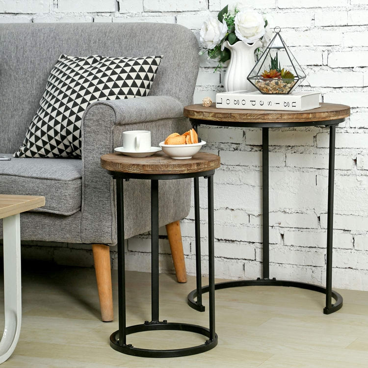 Brown Reclaimed Wood and Matte Black Metal Round Nesting End Tables, Set of 2