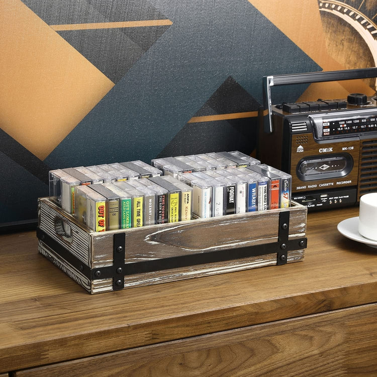 Torched Wood Retro Audio Cassette Tape Storage Box with Matte Black Metal Bracket Accents-MyGift