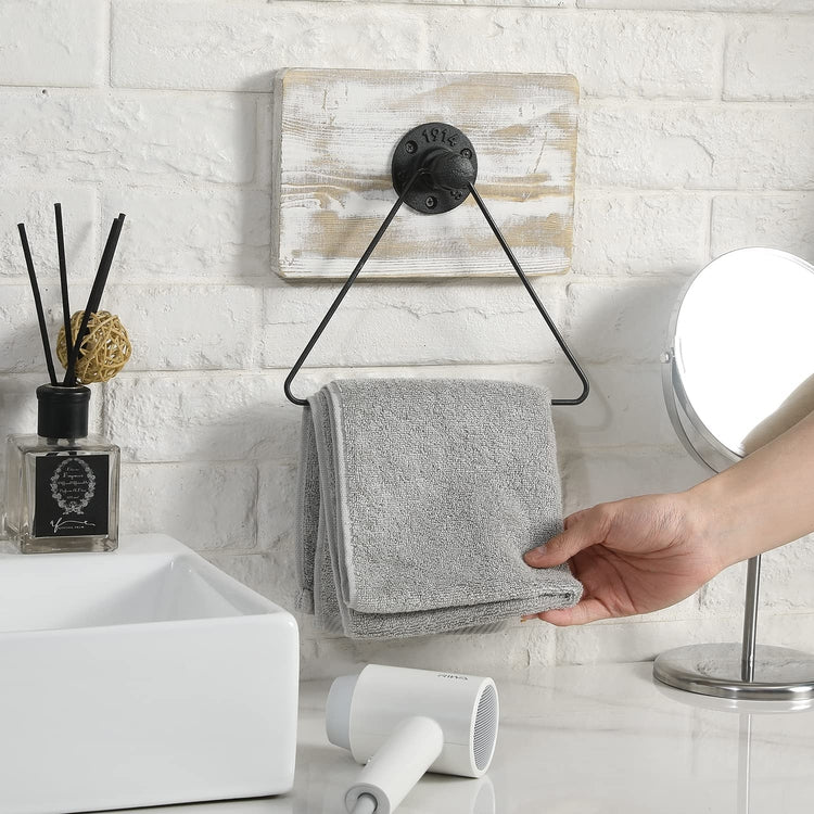 Whitewashed Wood and Black Industrial Metal Pipe Triangular Hand Towel Holder Bathroom Wall Hanger Rack