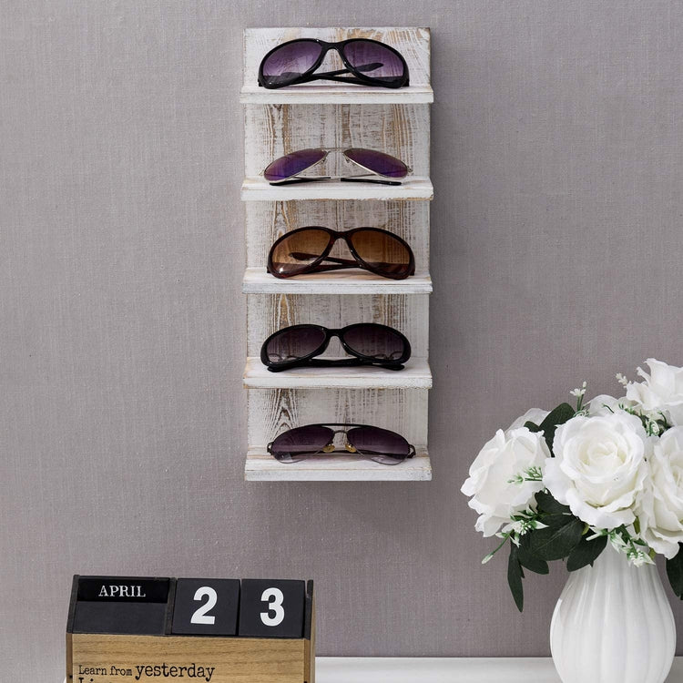 Whitewashed Wood Wall Mounted Sunglasses Holder, Retail Eyewear Display Shelf