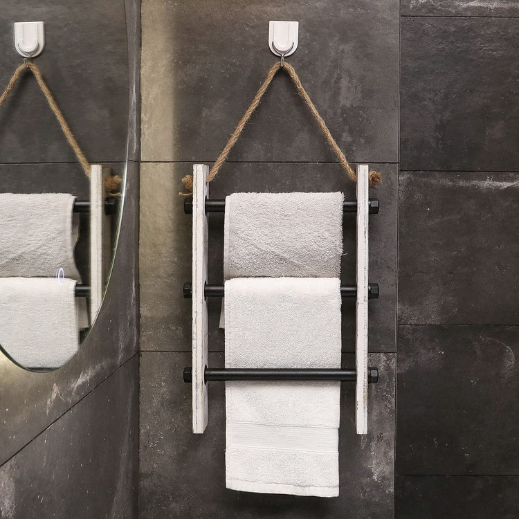 3-Tiered Whitewashed Wood and Industrial Pipe Wall Mounted Hand Towel Holder Ladder with Rustic Rope
