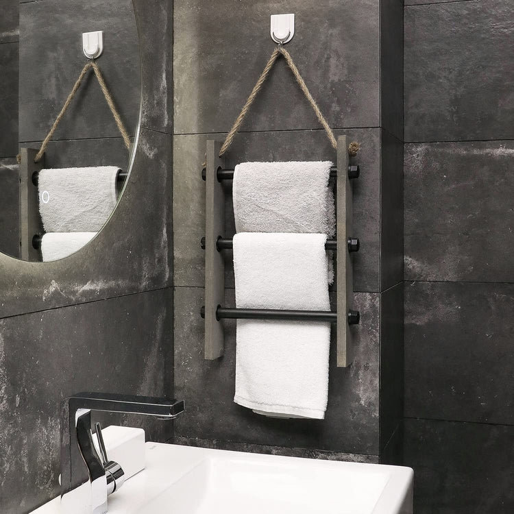 3-Tiered Industrial Pipe and Grey Wood Wall Mounted Towel Ladder, Rope Hanging Hand Towel Holder-MyGift