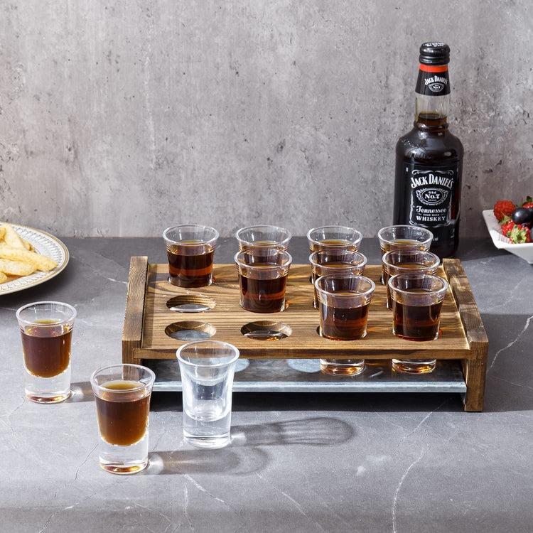 Shot Glass Serving Set, Burnt Wood Tray with Galvanized Metal Base