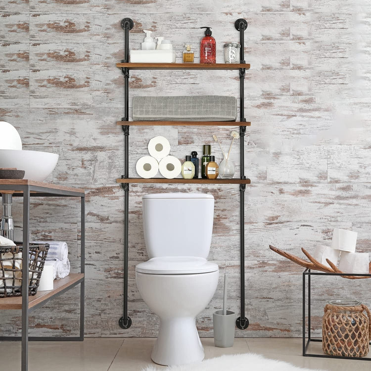 Rustic Industrial Pipe and Burnt Wood 3 Tier Over-the-Toilet Wall Storage Shelf Rack