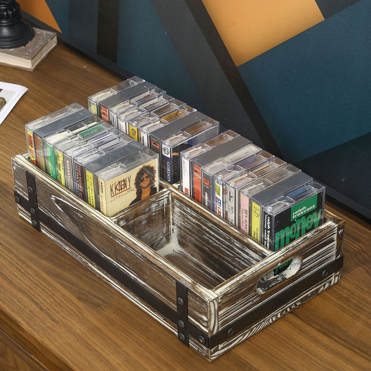 Torched Wood Retro Audio Cassette Tape Storage Box with Matte Black Metal Bracket Accents-MyGift