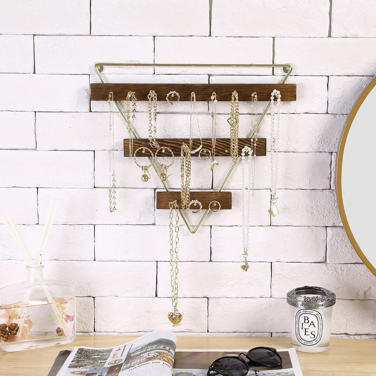 3-Tier Brass Metal and Burnt Wood Triangular Wall Mounted Jewelry Organizer  Rack and Necklace Hanger