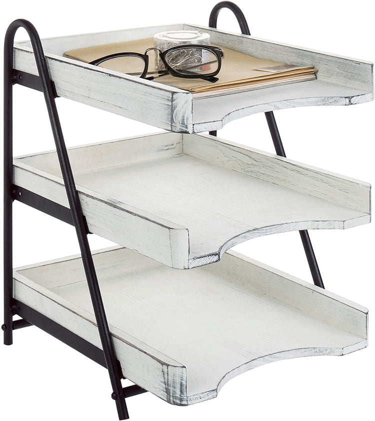Vintage White Wood Desktop Document Tray, 3-Tiers