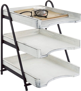 Vintage White Wood Desktop Document Tray, 3-Tiers