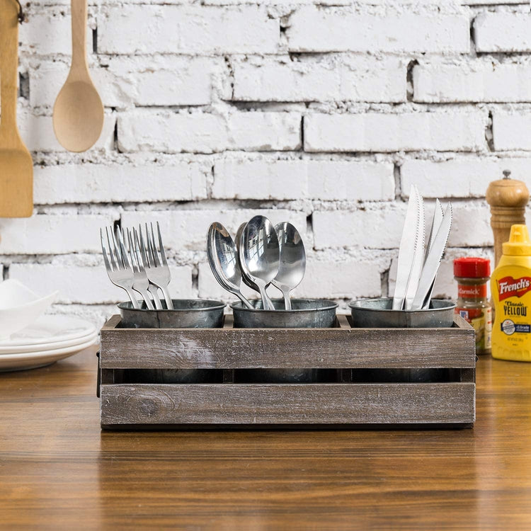 Rustic Utensil Holder with 3 Metal Buckets, Brown Wood Flatware Caddy Crate with Handles