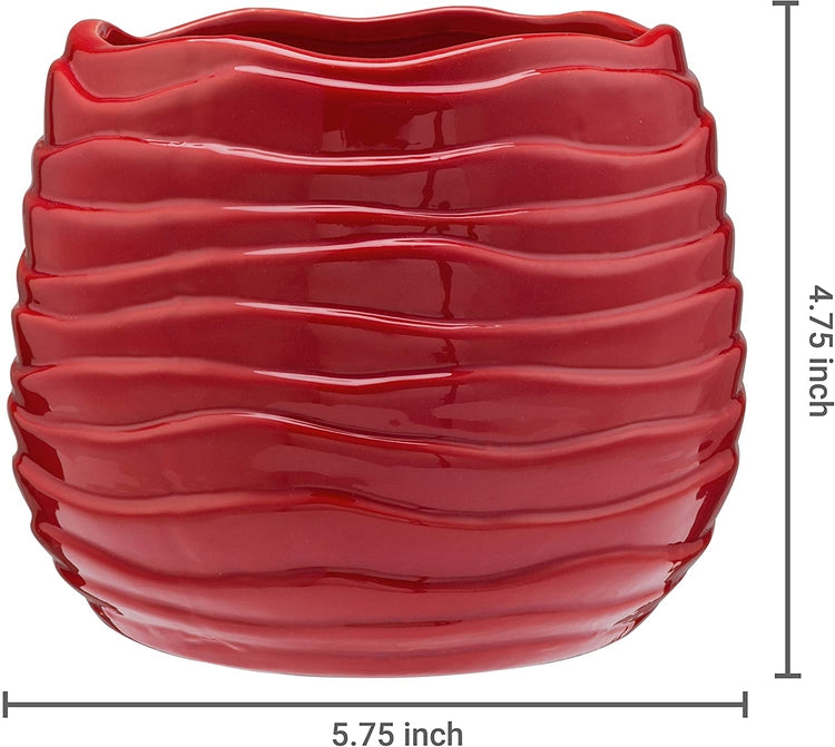 5.5 Inch Red Ceramic Wavy Design Flower Planter, Decorative Centerpiece Vase-MyGift
