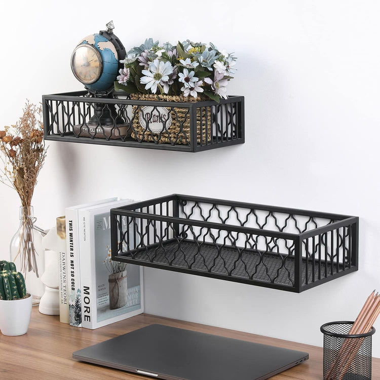 Set of 2, Black Metal Indoor Plant Wall Shelf with Moroccan Cutout Design, Decorative Window Boxes Planters-MyGift