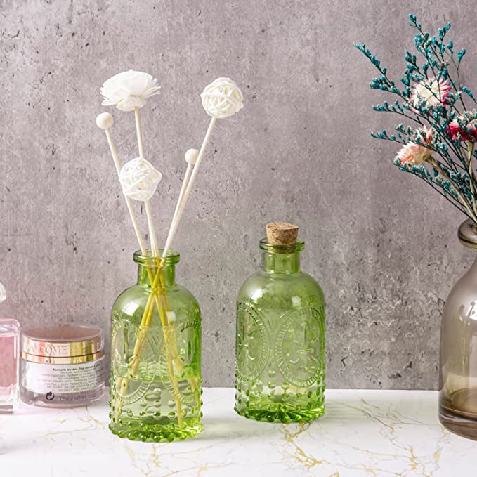 Apothecary Flower Bud Vases, Vintage Design Embossed Green Glass Reed Diffuser Bottle with Cork Lid-MyGift