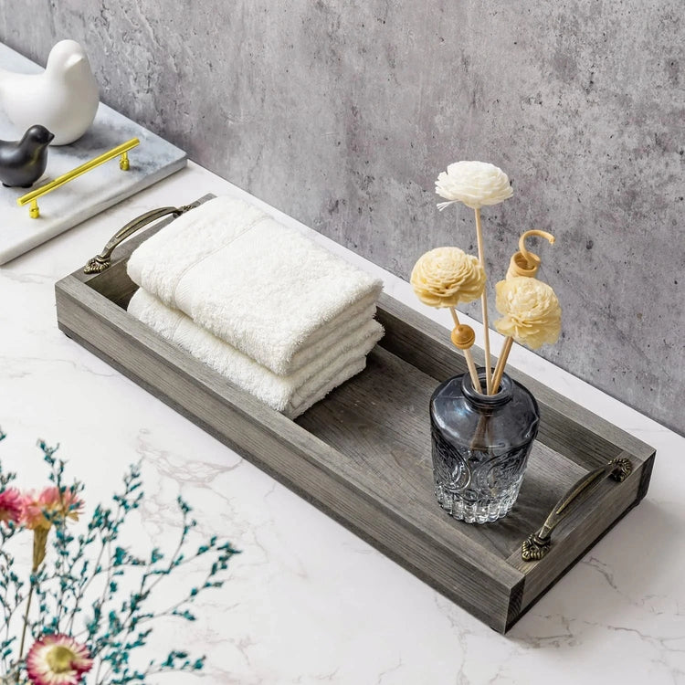 16 Inch Gray Wood Toilet Tank Tray Organizer, Bathroom Vanity Rectangular Tray with Antique Brass Tone Metal Handles-MyGift