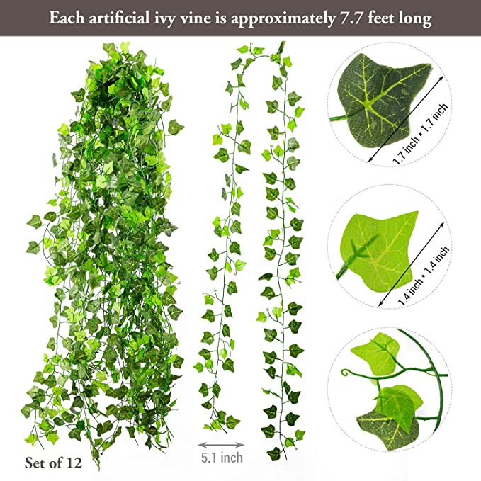 12 Piece Set Artificial Ivy Leaves Vines Foliage Garland, Faux Hanging Greenery Strands-MyGift