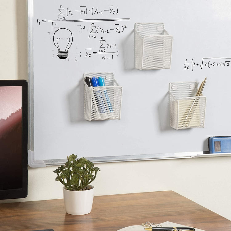Set of 3, White Wire Mesh Magnetic Storage Baskets, Office Supply Organizers-MyGift