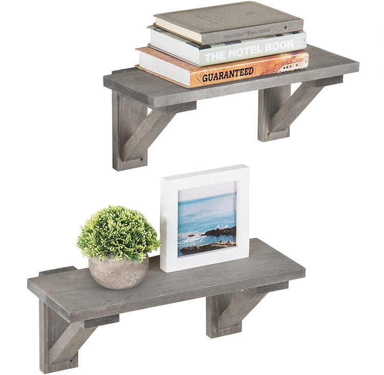Set of 2, 17-Inch Rustic Gray Wood Wall-Mounted Shelves-MyGift