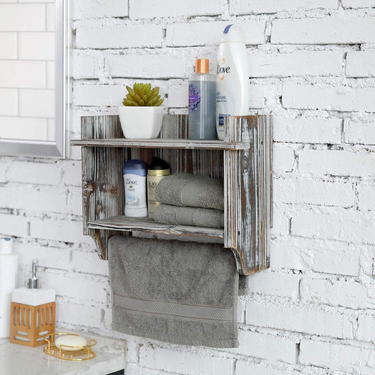 Torched Wood Bathroom Organizer, Wall Mounted Rack with 2 Shelves and Hanging Towel Bar-MyGift