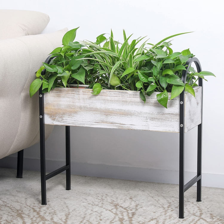 Whitewashed Wood and Black Metal Framed Rectangular Freestanding Indoor, Outdoor Raised Garden Planter Box Plant Stand