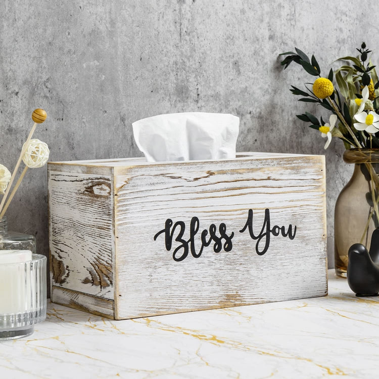 Bless You Shabby Chic Whitewashed Wood Rectangular Tissue Box Holder Cover-MyGift