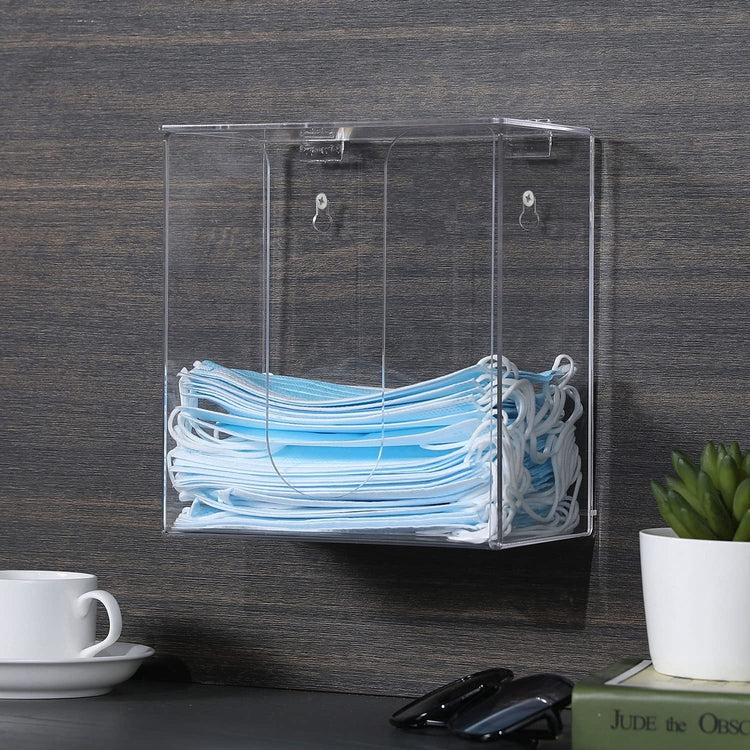 Clear Acrylic Wall Mounted Medical Safety Mask and Personal Face Covering Storage Dispenser Box with Lid Cover-MyGift