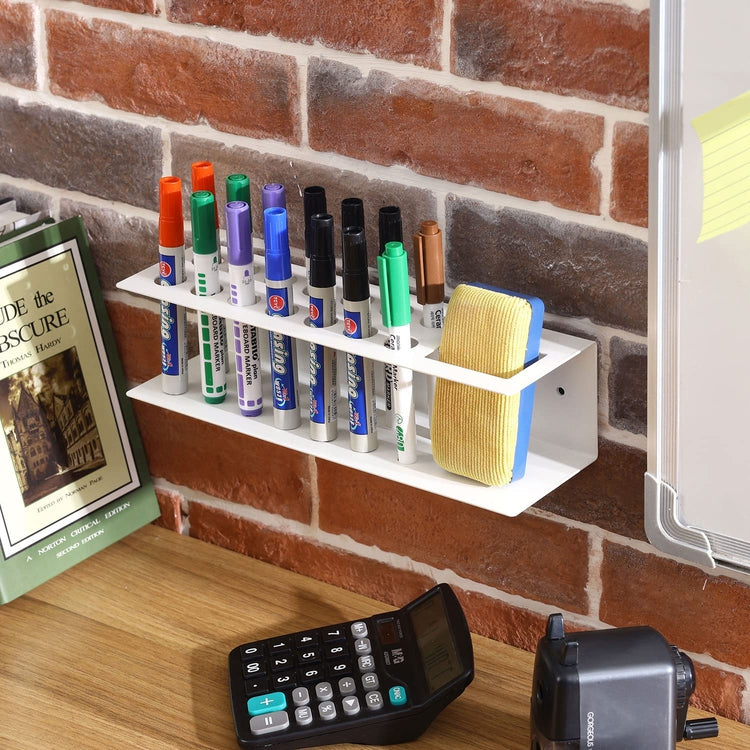 Wall Mounted White Metal Whiteboard Accessories Rack with Slots for Dry Erase Markers and Eraser Holder, Marker Holder-MyGift
