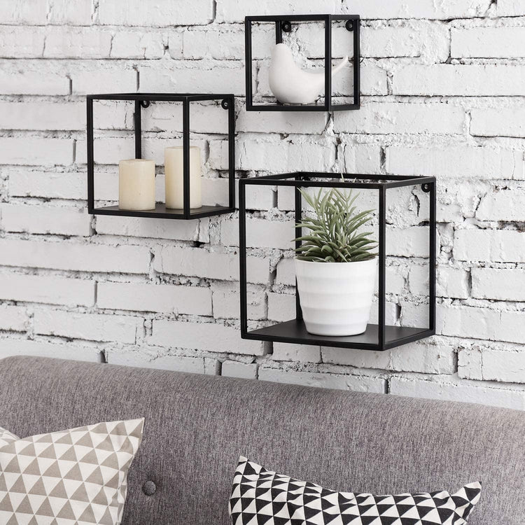 Black Metal Cube-Frame Hanging Wall Shelves, Set of 3