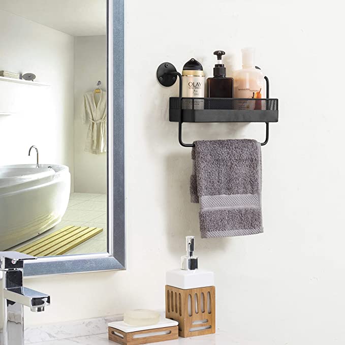 Metal Bathroom Shelf with Hand Towel Bar, Wall Mounted Shower Caddy Basket  Shelf