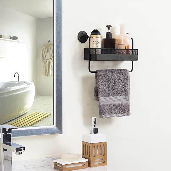 Metal Bathroom Shelf with Hand Towel Bar, Wall Mounted Shower Caddy Basket Shelf