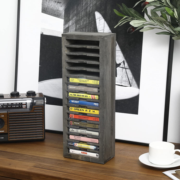 16-Slot Gray Solid Wood Freestanding Retro Cassette Tape Storage Rack Tower-MyGift