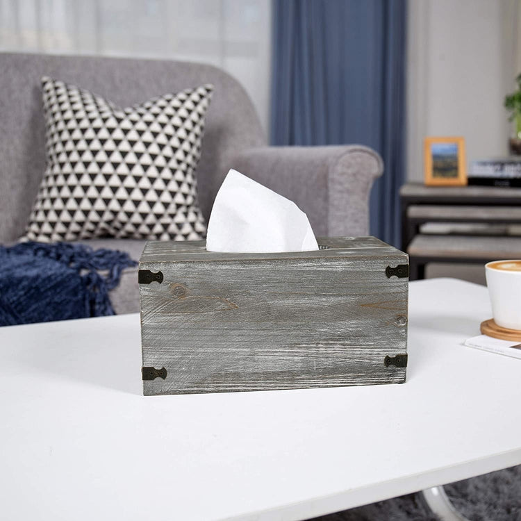 Rustic Grey Wood Rectangular Tissue Box Cover with Metal Corner Brackets