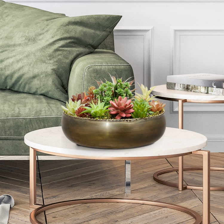 Brass Toned Metal Round Planter Bowl with Pebbled Rim, Shallow Succulent Pot